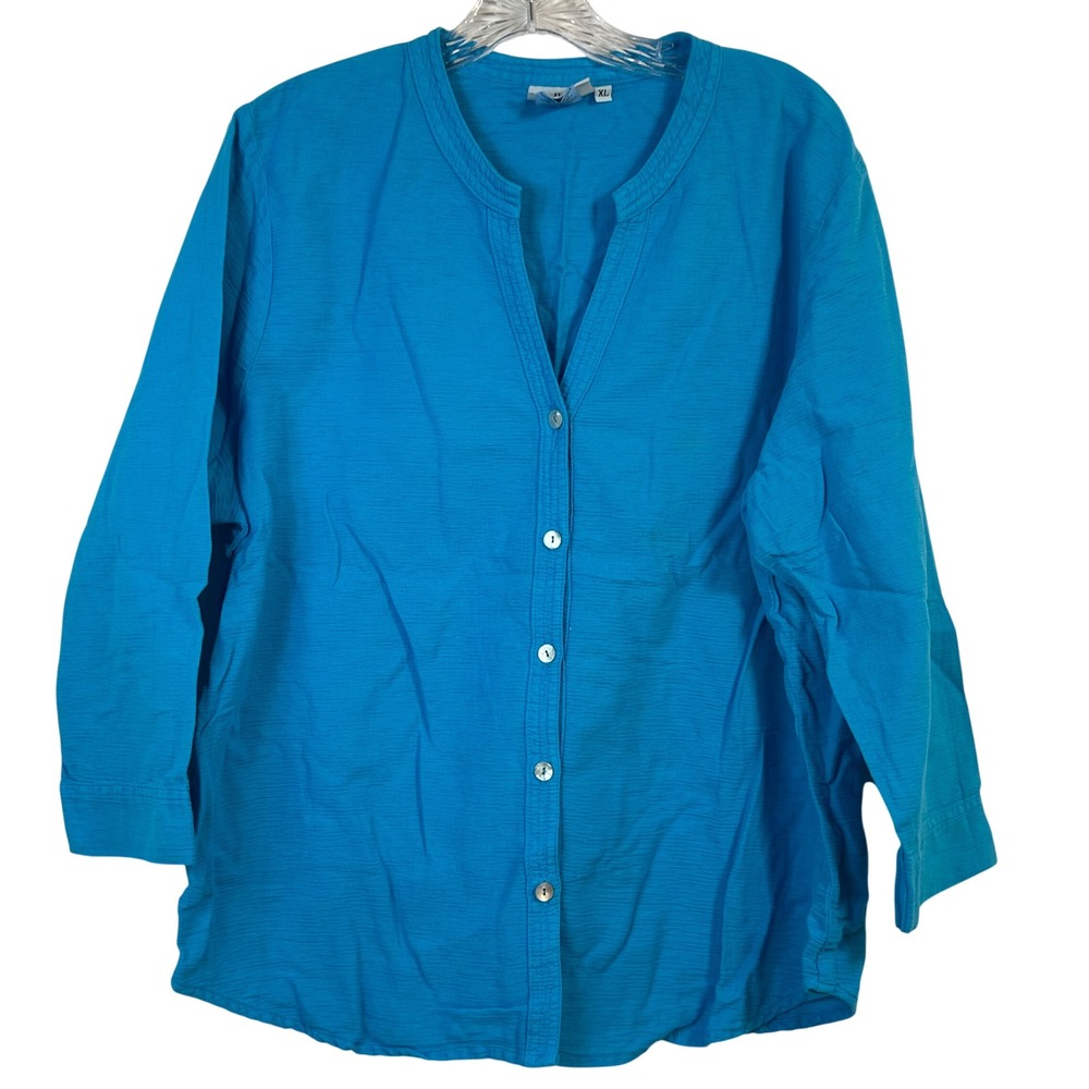 Hot Cotton by Marc Ware Blue Textured Button Up Blouse 3/4 Sleeve XL USA Made
